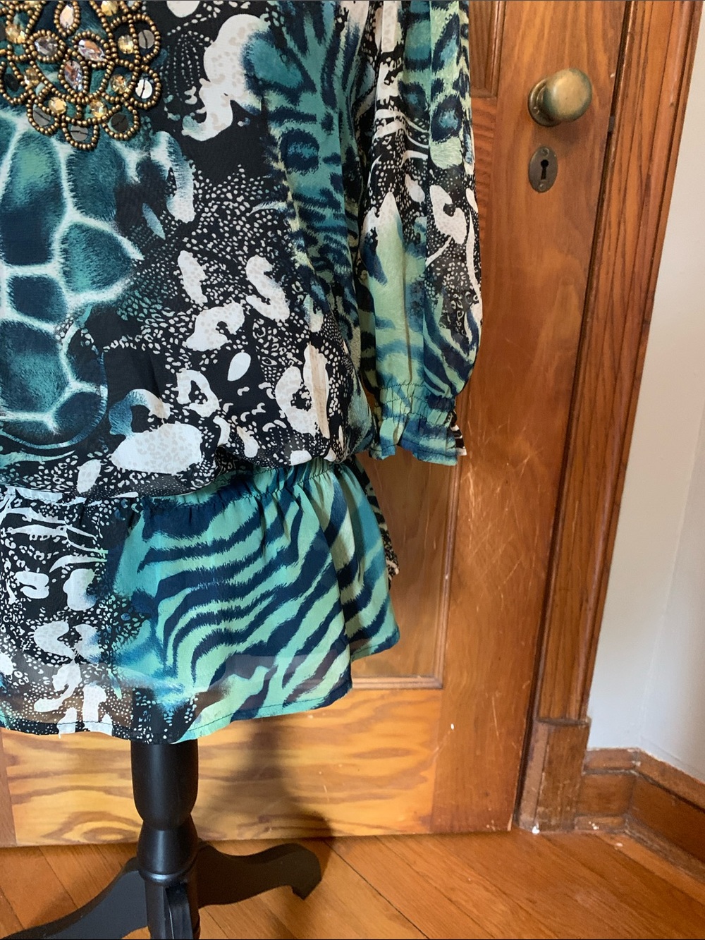 Jennie & Marlis Embellished Teal Animal-Print V-Neck Blouse - Picture 4 of 8